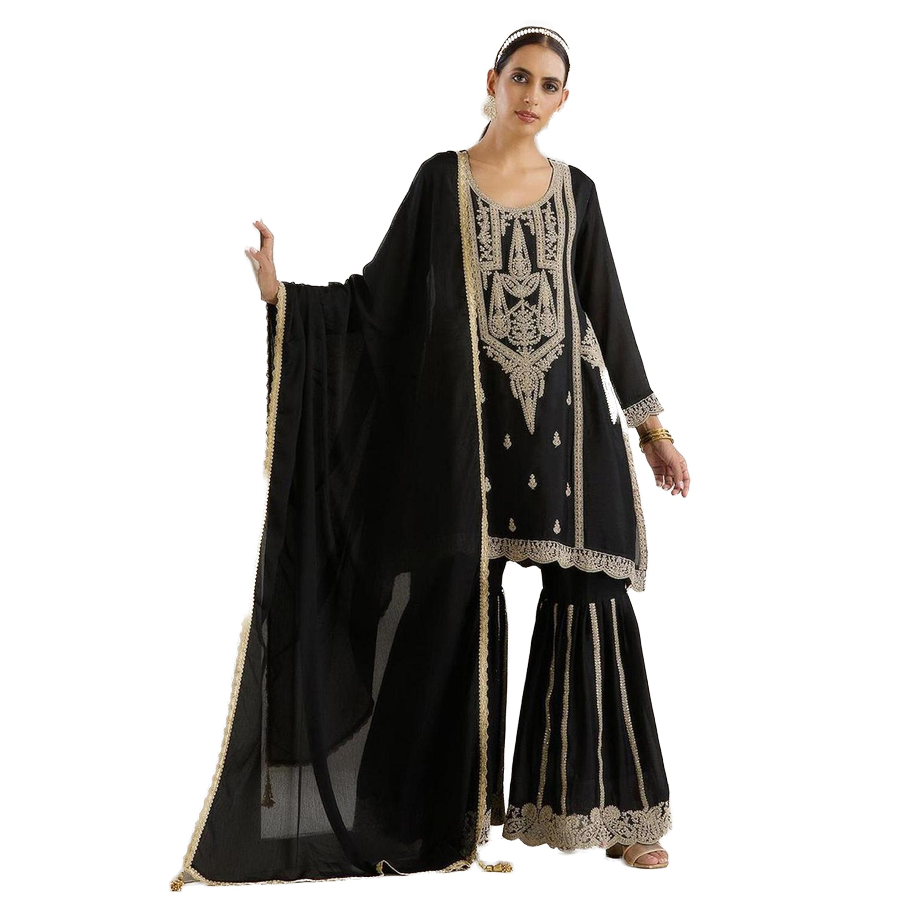 ايشن × ستايلي - طقم كورتا مطرز بأكمام طويلة مع بنطال شارارا ووشاح دوباتا-women-clothing-ethnicwear-kurtasets-image-1