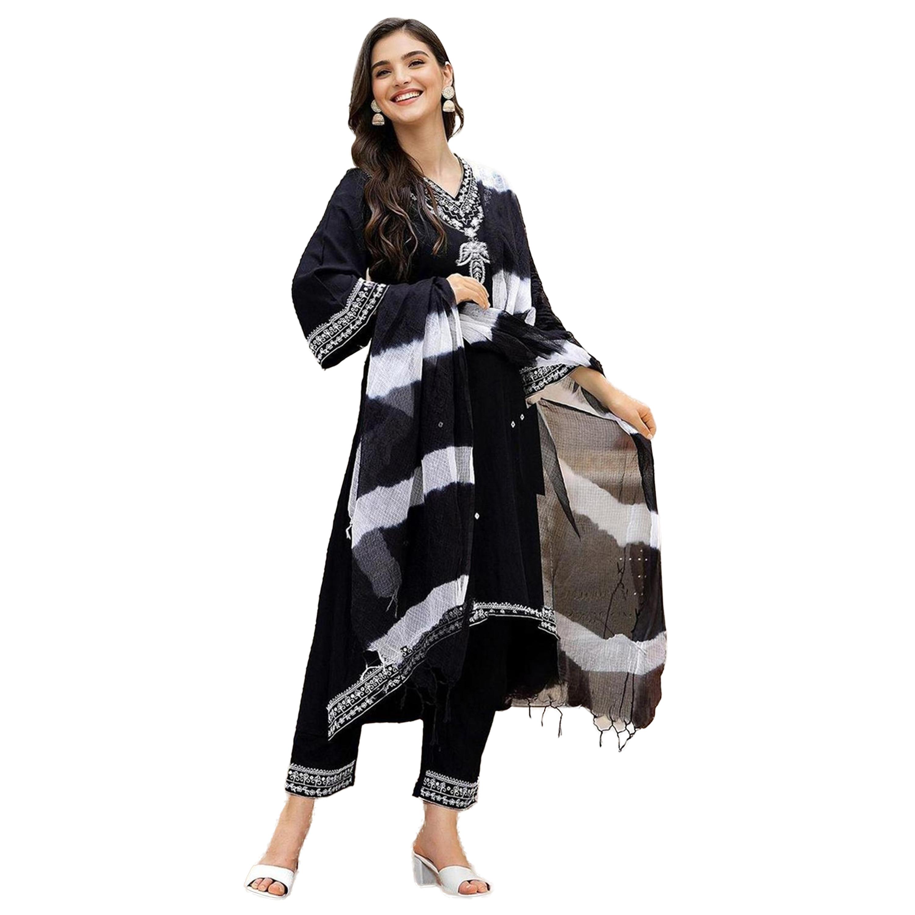 Ishin X Styli Embroidered Straight Kurta with Trousers and Dupatta Set-women-clothing-ethnicwear-kurtasets-image-1