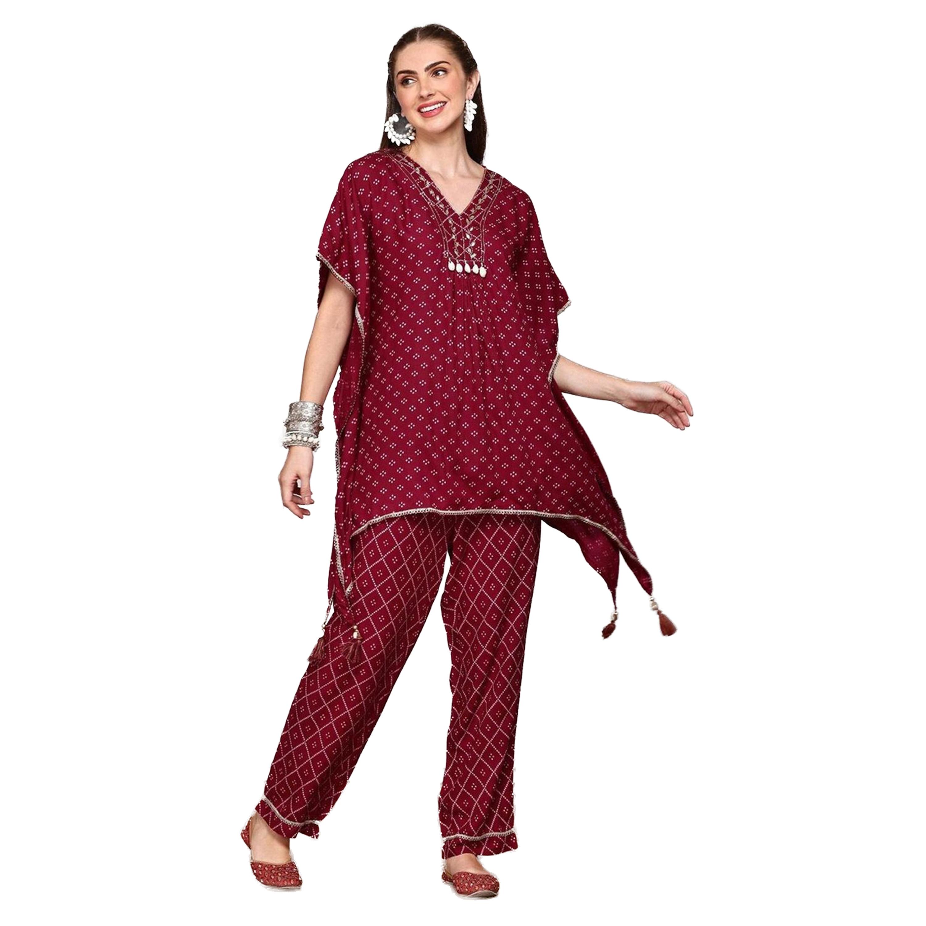 Ishin X Styli Printed V Neck Kaftan Kurta and Pants Set-women-clothing-ethnicwear-kurtasets-image-1