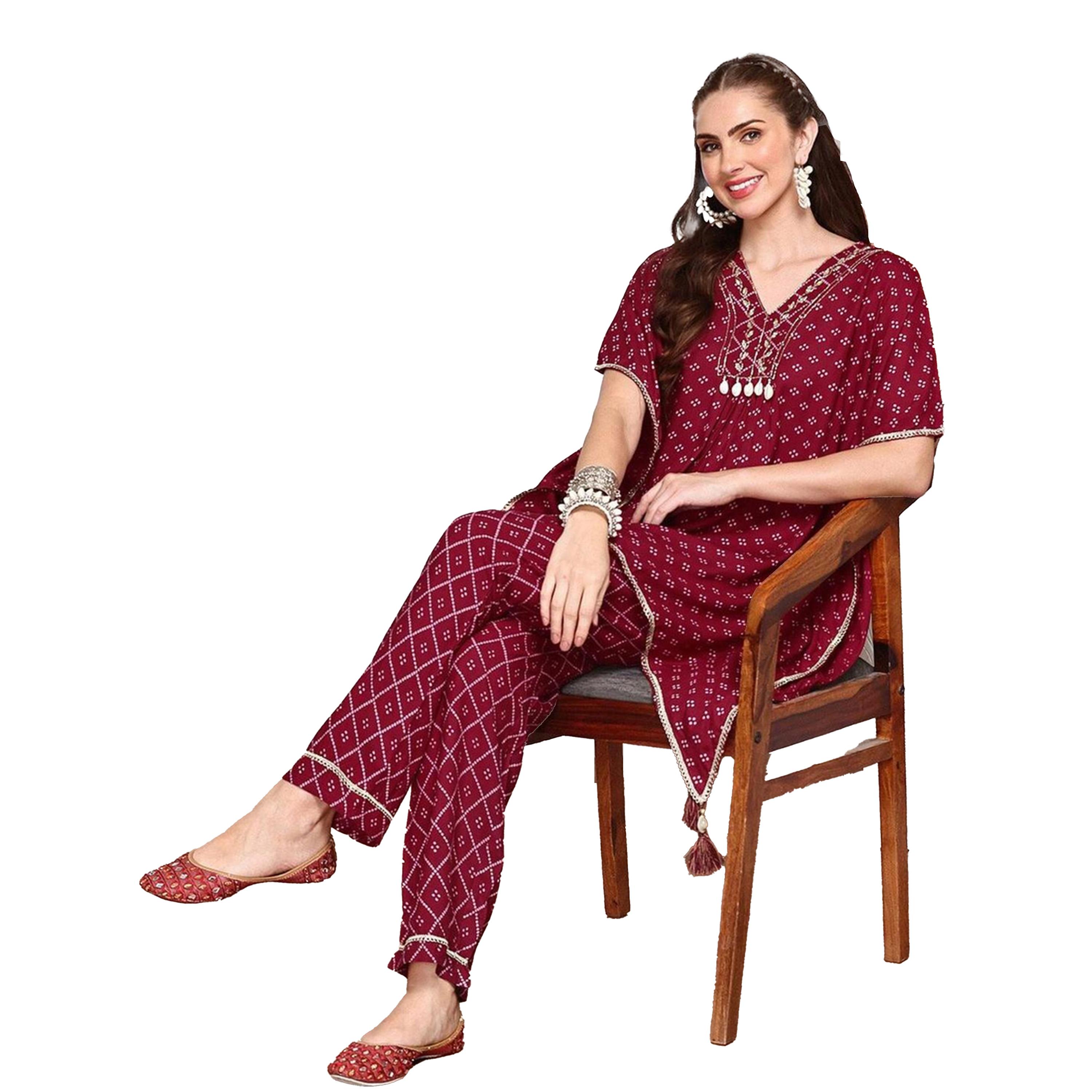 Ishin X Styli Printed V Neck Kaftan Kurta and Pants Set-women-clothing-ethnicwear-kurtasets-image-4