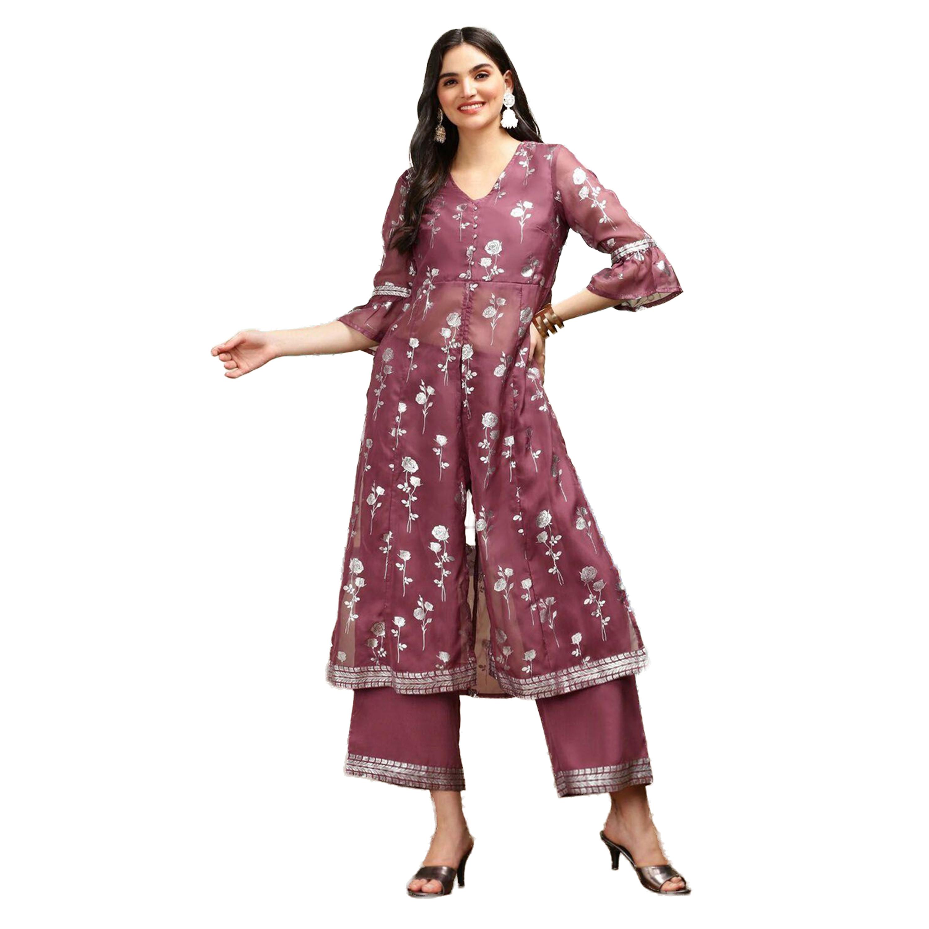ايشن × ستايلي - طقم كورتا مطبوع بياقة V مع بنطال-women-clothing-ethnicwear-kurtasets-image-1