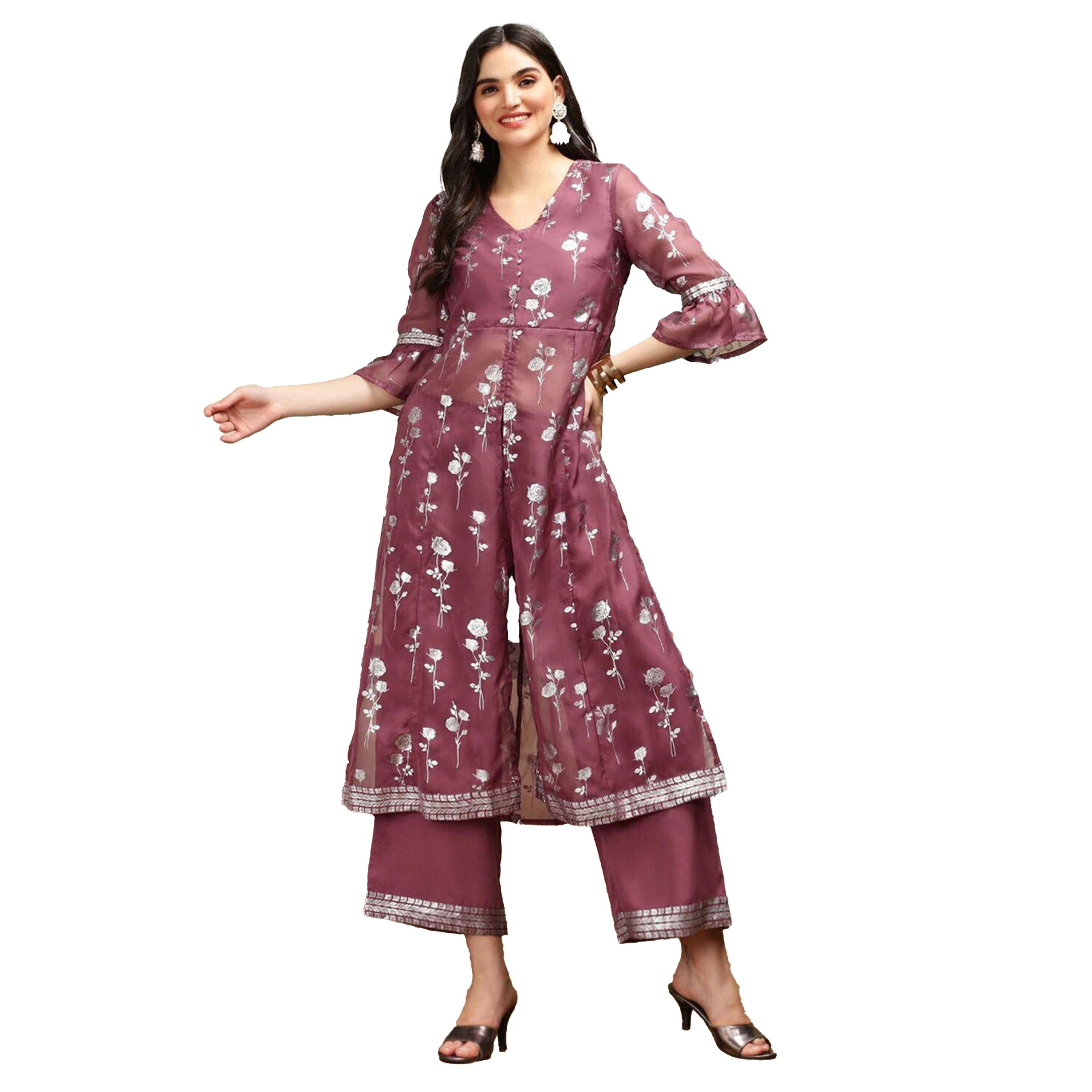 ايشن × ستايلي - طقم كورتا مطبوع بياقة V مع بنطال-women-clothing-ethnicwear-kurtasets-image-2