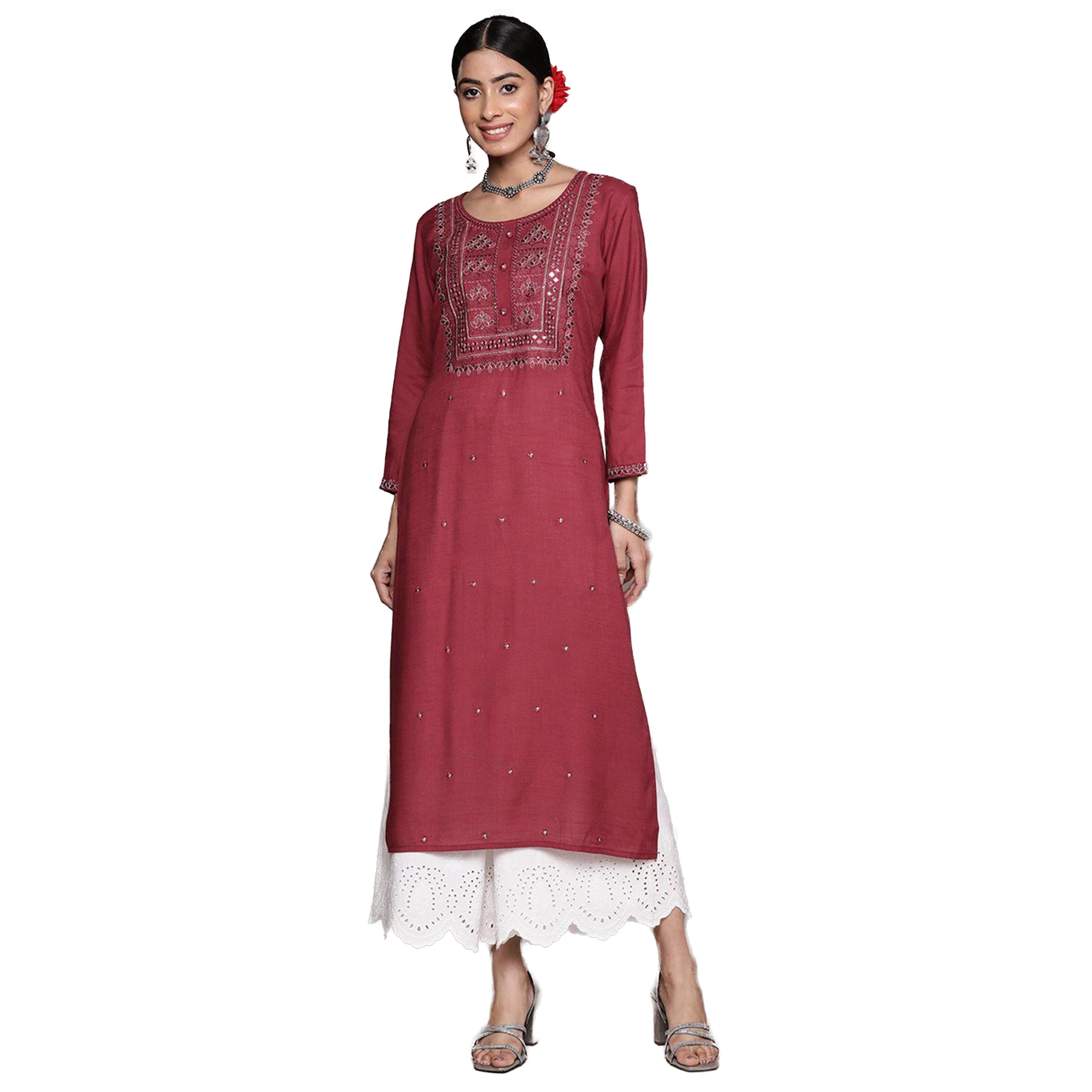 ايشن × ستايلي - كورتا مطرزة بأكمام 3/4 وقصّة A-women-clothing-ethnicwear-kurtas-image-1