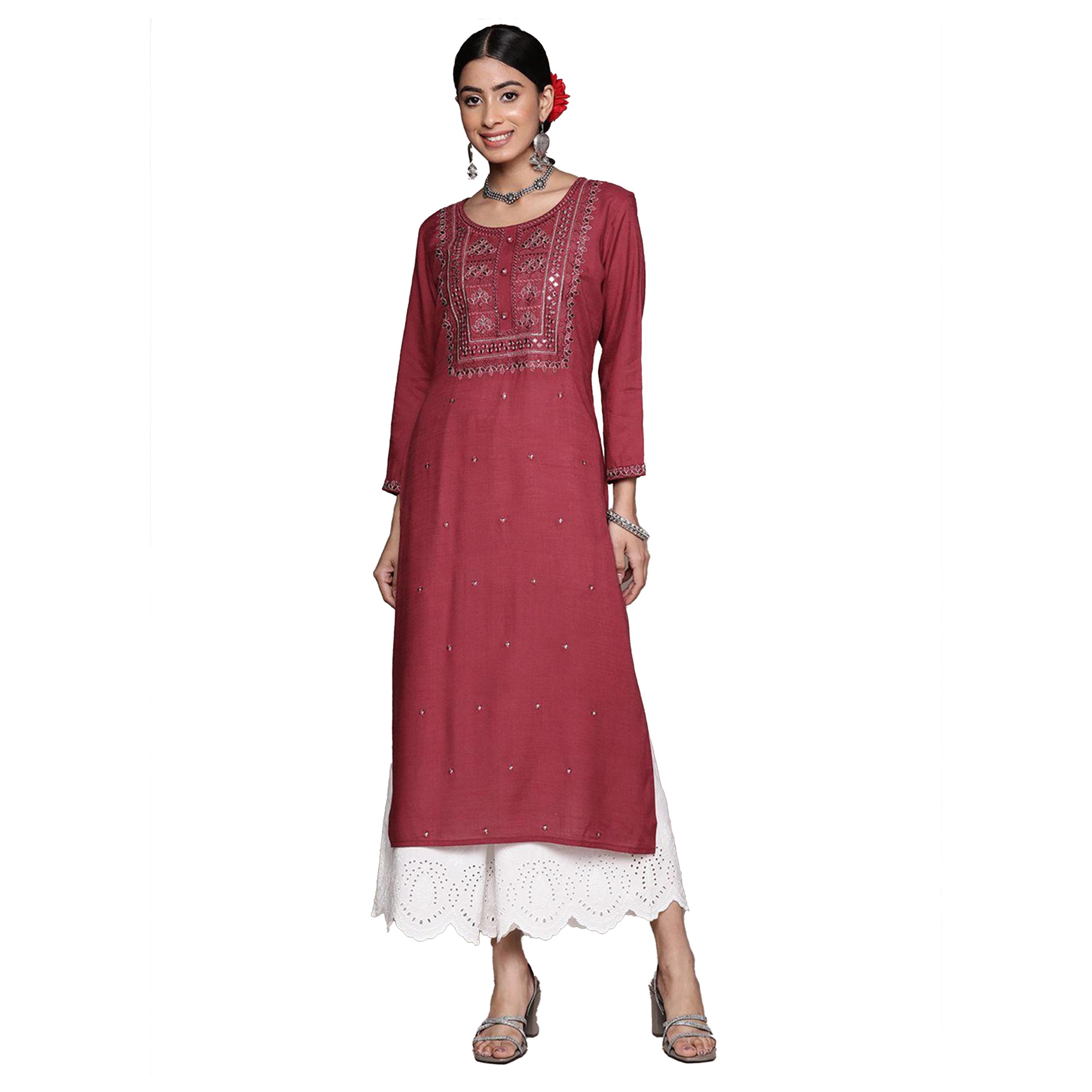 ايشن × ستايلي - كورتا مطرزة بأكمام 3/4 وقصّة A-women-clothing-ethnicwear-kurtas-image-2