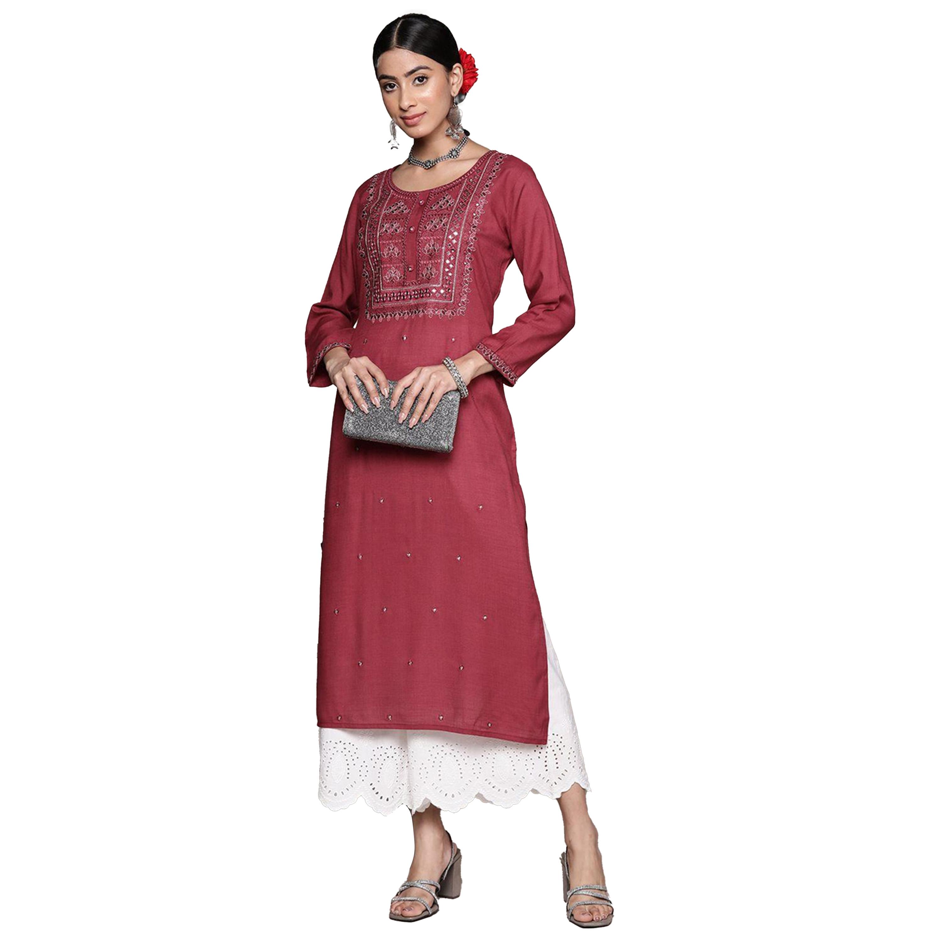 ايشن × ستايلي - كورتا مطرزة بأكمام 3/4 وقصّة A-women-clothing-ethnicwear-kurtas-image-5