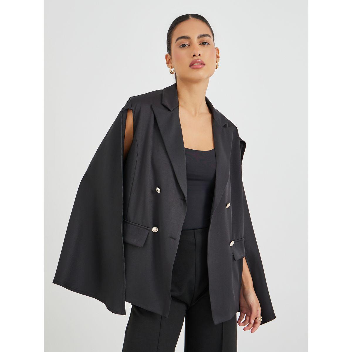 بليزر بقصة عادية وصدر مزدوح مع أكمام كيب-women-clothing-coatsandjackets-blazers-image-1