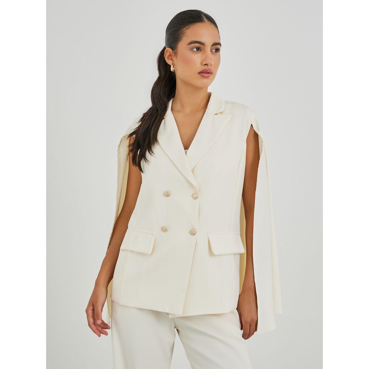 بليزر بقصة عادية وصدر مزدوج مع أكمام كيب-women-clothing-coatsandjackets-blazers-image-1