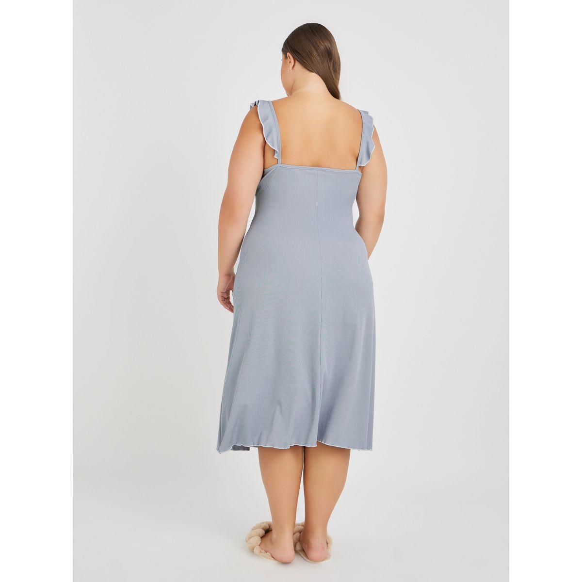 Styli Plus Size Solid Lace Trim Lettuce Edge Nightdress with Plunge Neck-women-clothing-nightwear-nighties-image-4