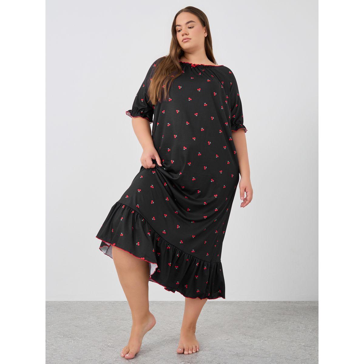 Styli Plus Size Cherry Print Gathered Detail Night Dress-women-clothing-nightwear-nighties-image-1