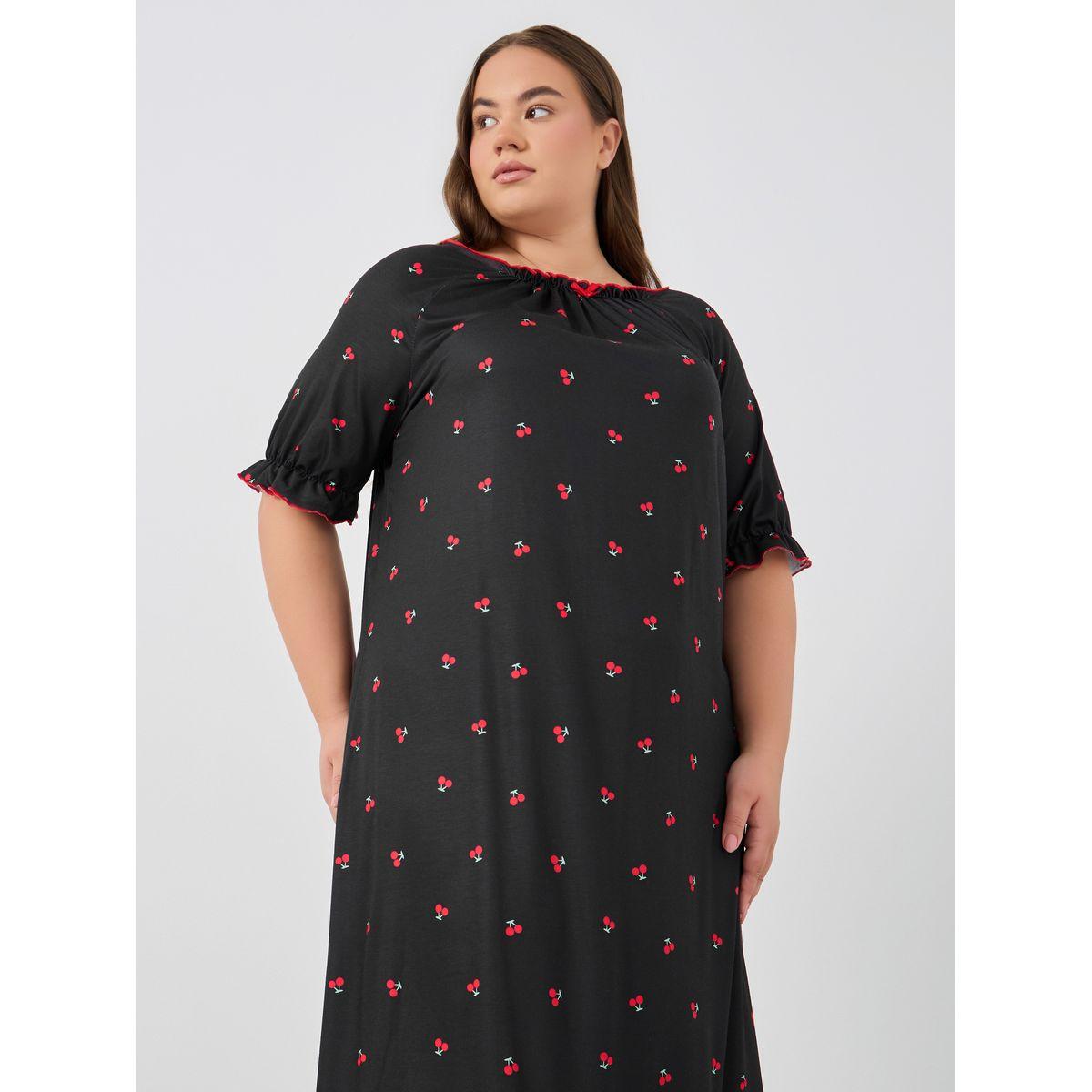 Styli Plus Size Cherry Print Gathered Detail Night Dress-women-clothing-nightwear-nighties-image-2