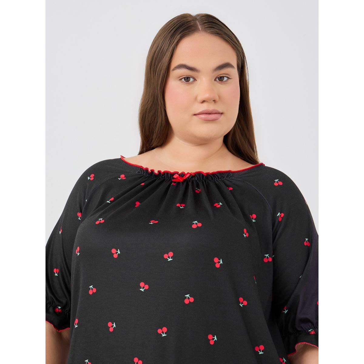 Styli Plus Size Cherry Print Gathered Detail Night Dress-women-clothing-nightwear-nighties-image-3