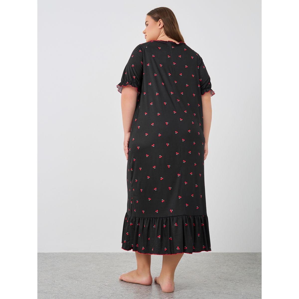 Styli Plus Size Cherry Print Gathered Detail Night Dress-women-clothing-nightwear-nighties-image-4