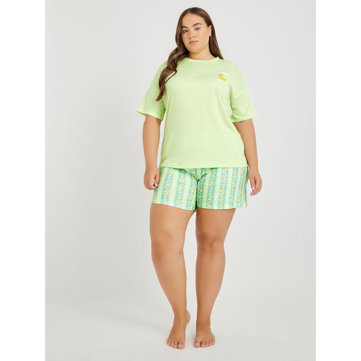 طقم بمقاس كبير من شورت وتيشيرت بأكتاف منخفضة-women-clothing-nightwear-pyjamas-shortsets-image-1