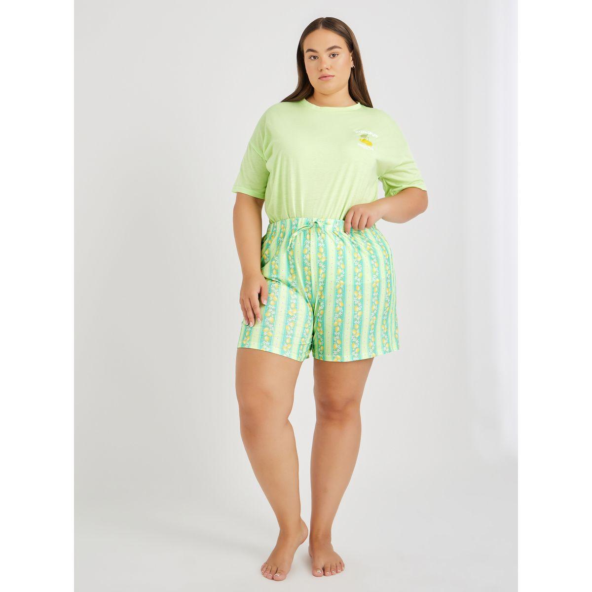 طقم بمقاس كبير من شورت وتيشيرت بأكتاف منخفضة-women-clothing-nightwear-pyjamas-shortsets-image-2