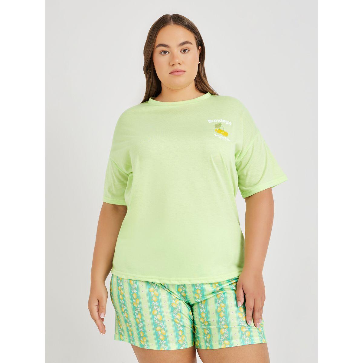 Styli Plus Size Lemon Print Dropped Shoulder T-Shirt and Shorts Set-women-clothing-nightwear-pyjamas-shortsets-image-3