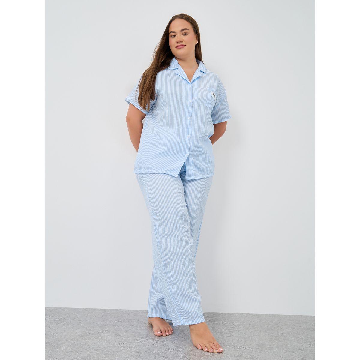 Styli Plus Size Striped Collared Shirt and Pyjama Set-women-clothing-nightwear-pyjamas-longsets-image-1