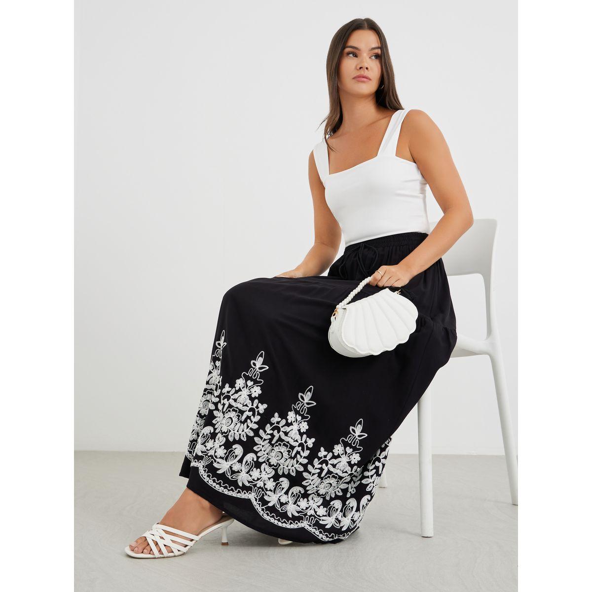 Styli Embroidered Hem A-Line Maxi Skirt-women-clothing-bottoms-skirts-image-1