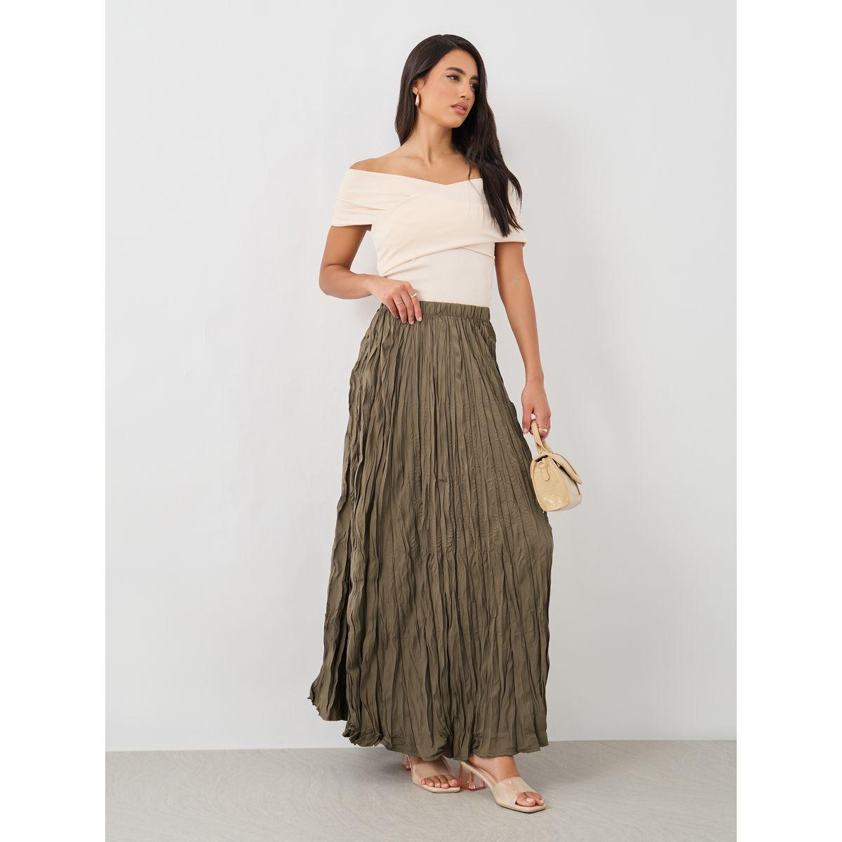 تنورة طويلة بحافة واسعة وخصر مطاطي-women-clothing-bottoms-skirts-image-1