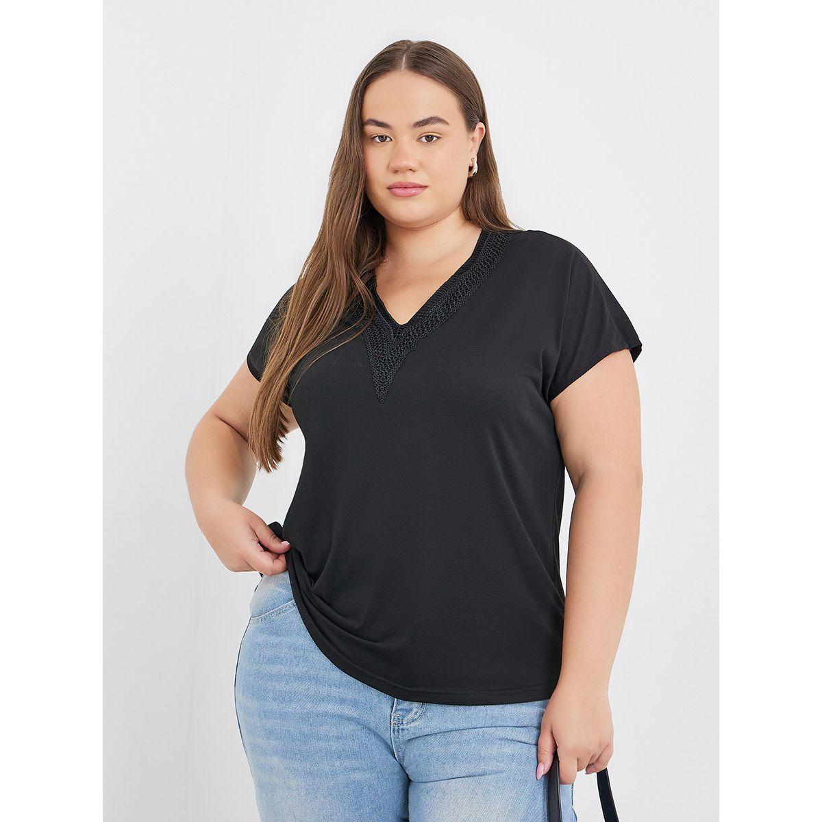 Styli Plus Black T-Shirt with Lace Detail-women-clothing-tshirts-image-1