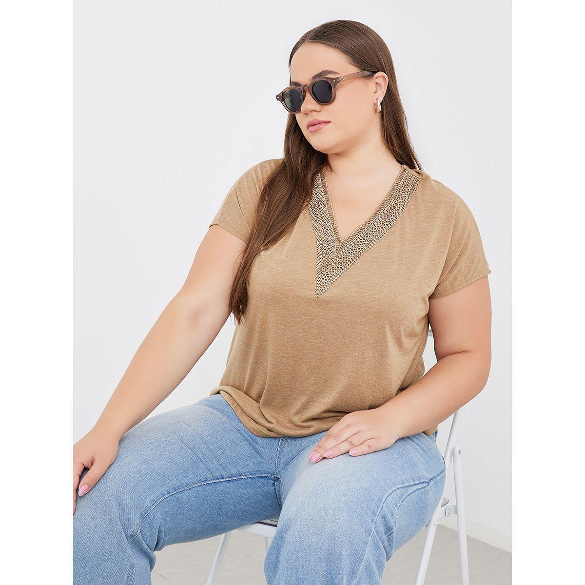 Styli Plus Brown T-Shirt with Lace Detail-women-clothing-tshirts-image-1