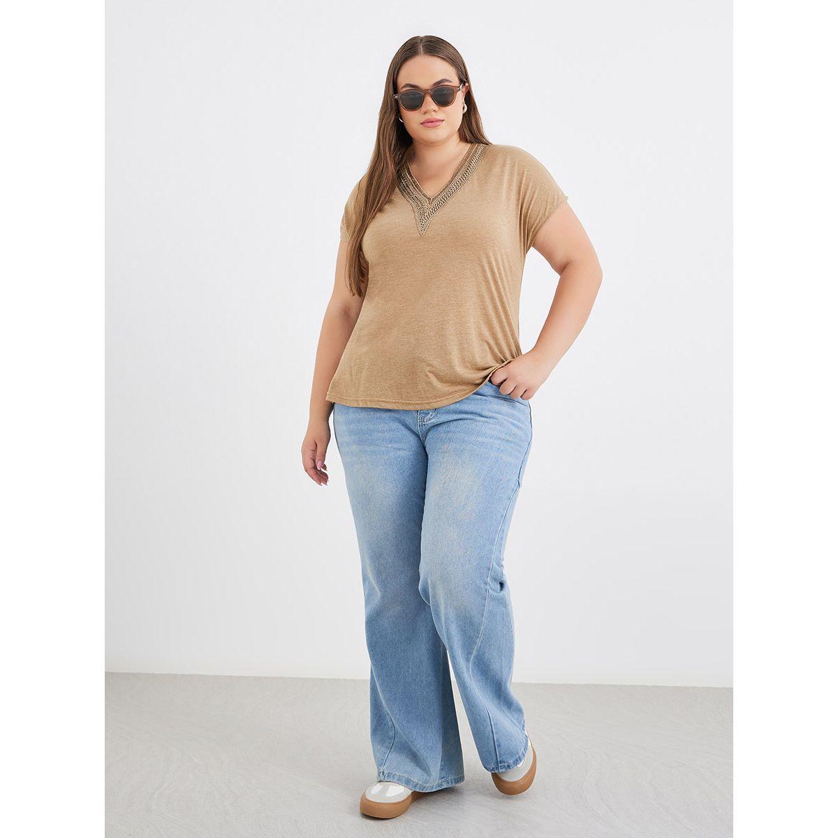 Styli Plus Brown T-Shirt with Lace Detail-women-clothing-tshirts-image-2