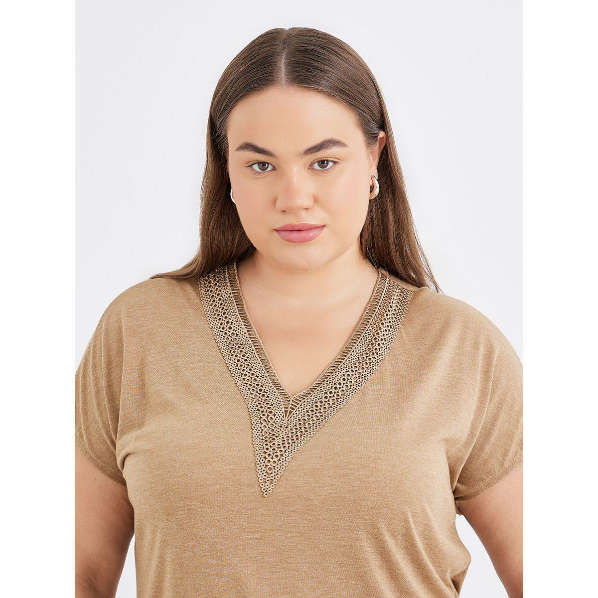 Styli Plus Brown T-Shirt with Lace Detail-women-clothing-tshirts-image-3