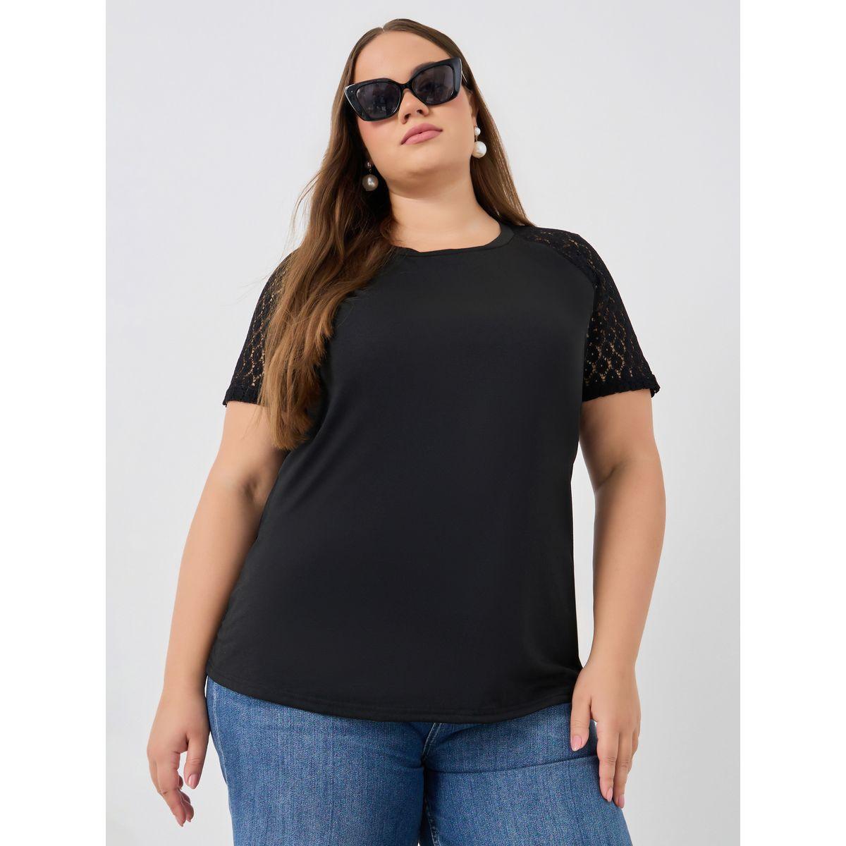 Styli Plus Size Solid Lace Short Sleeve Longline T-Shirt-women-clothing-tshirts-image-1