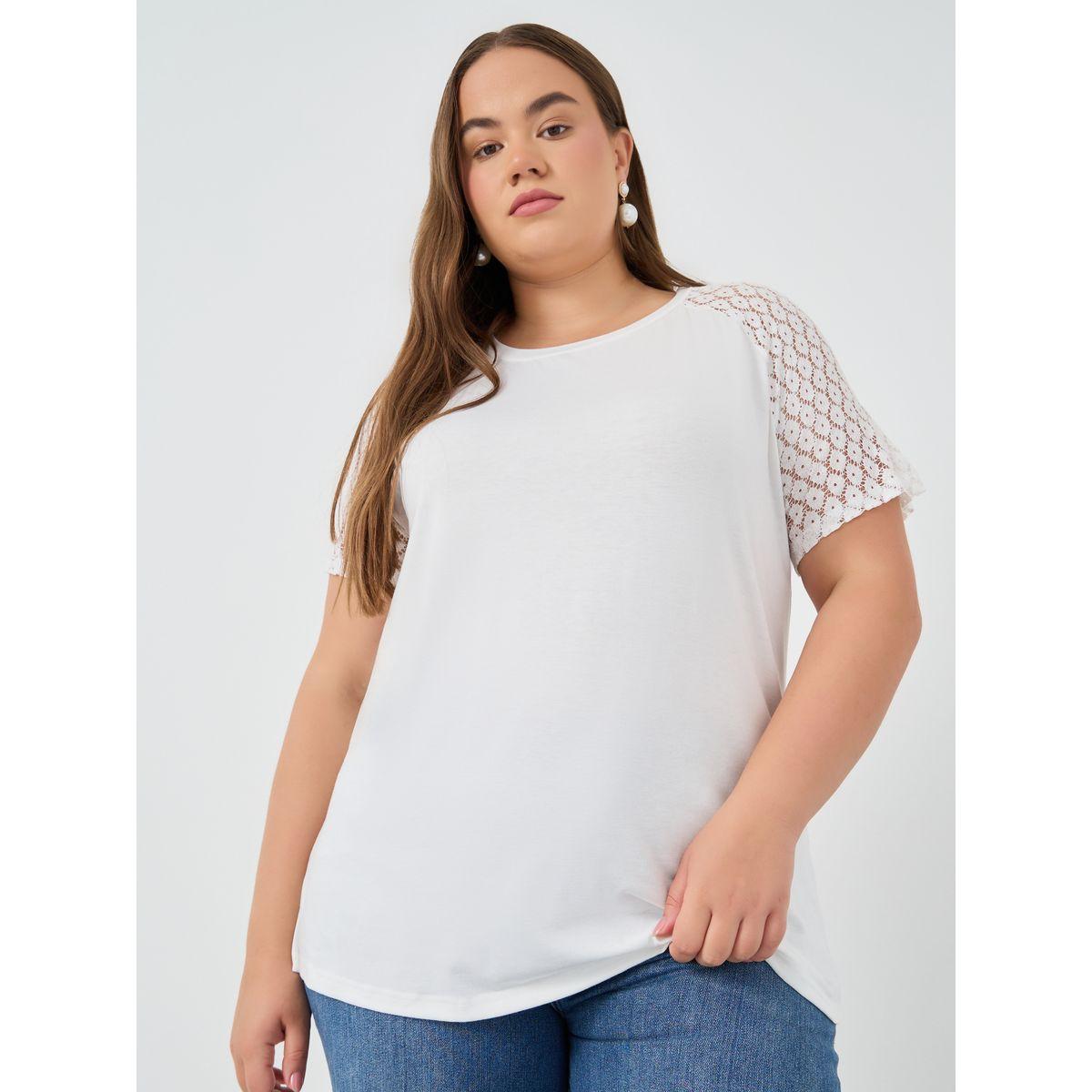 Styli Plus Size Solid Lace Short Sleeve Longline T-Shirt-women-clothing-tshirts-image-1