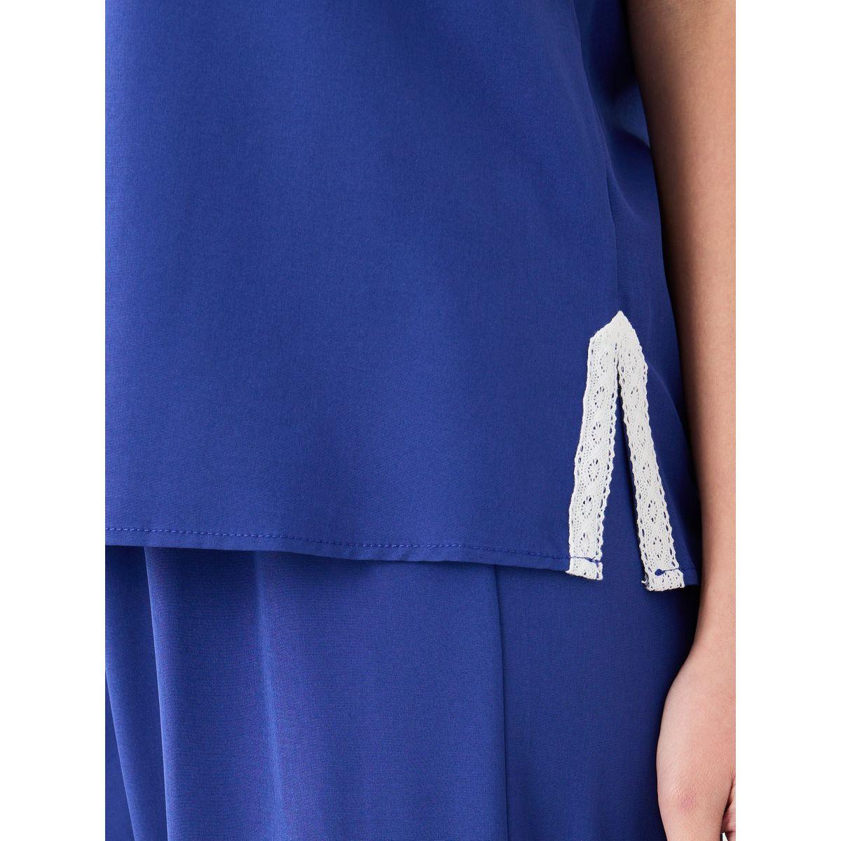 طقم منسق من بنطال وبلوزة سادة بأكمام قصيرة-women-clothing-coordsets-image-3