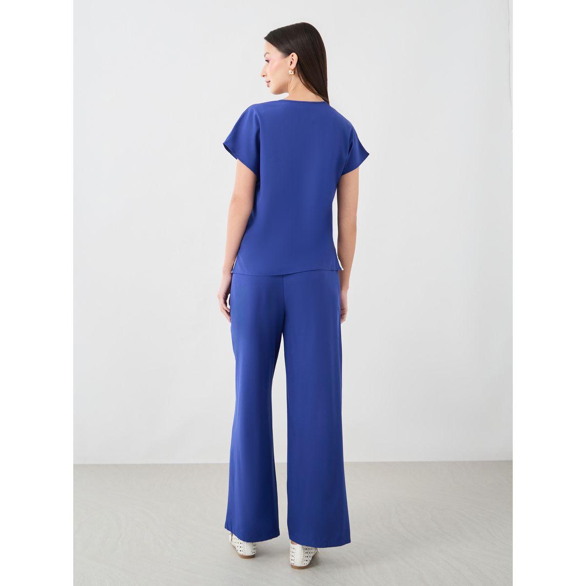 طقم منسق من بنطال وبلوزة سادة بأكمام قصيرة-women-clothing-coordsets-image-5