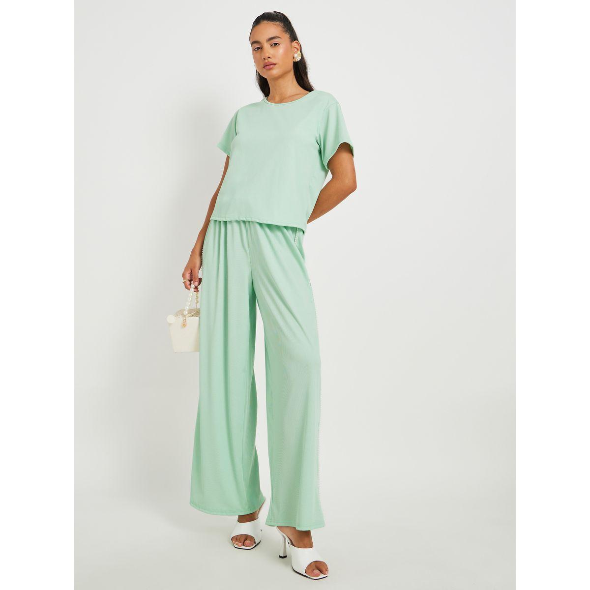 Styli Green Solid Short Sleeve T-Shirt and Beaded Detail Pants Co-Ords-women-clothing-coordsets-image-1