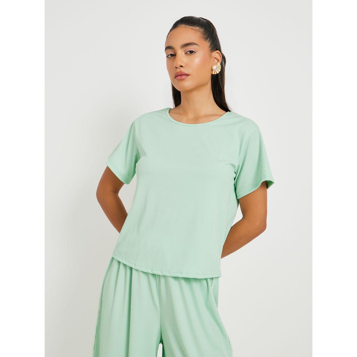 Styli Green Solid Short Sleeve T-Shirt and Beaded Detail Pants Co-Ords-women-clothing-coordsets-image-2