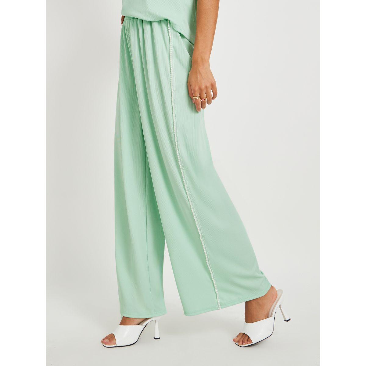 Styli Green Solid Short Sleeve T-Shirt and Beaded Detail Pants Co-Ords-women-clothing-coordsets-image-4