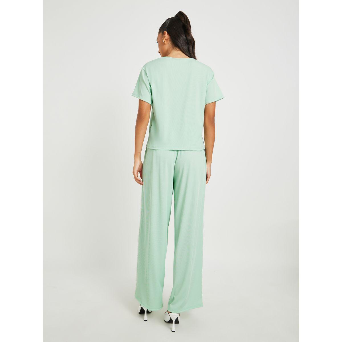 Styli Green Solid Short Sleeve T-Shirt and Beaded Detail Pants Co-Ords-women-clothing-coordsets-image-5