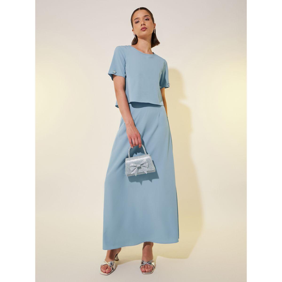 طقم منسق من تنورة وبلوزة بياقة دائرية-women-clothing-coordsets-image-1