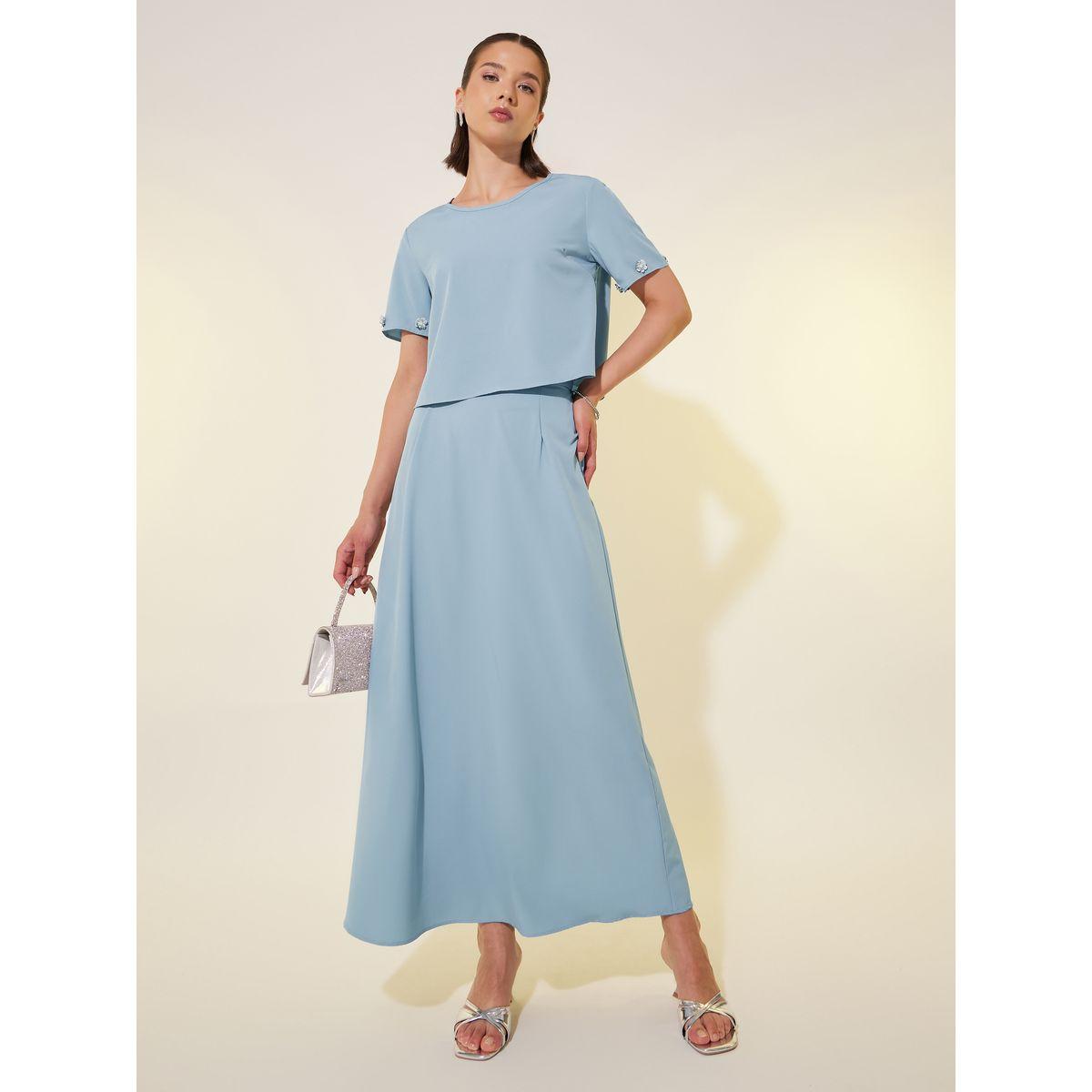 طقم منسق من تنورة وبلوزة بياقة دائرية-women-clothing-coordsets-image-2