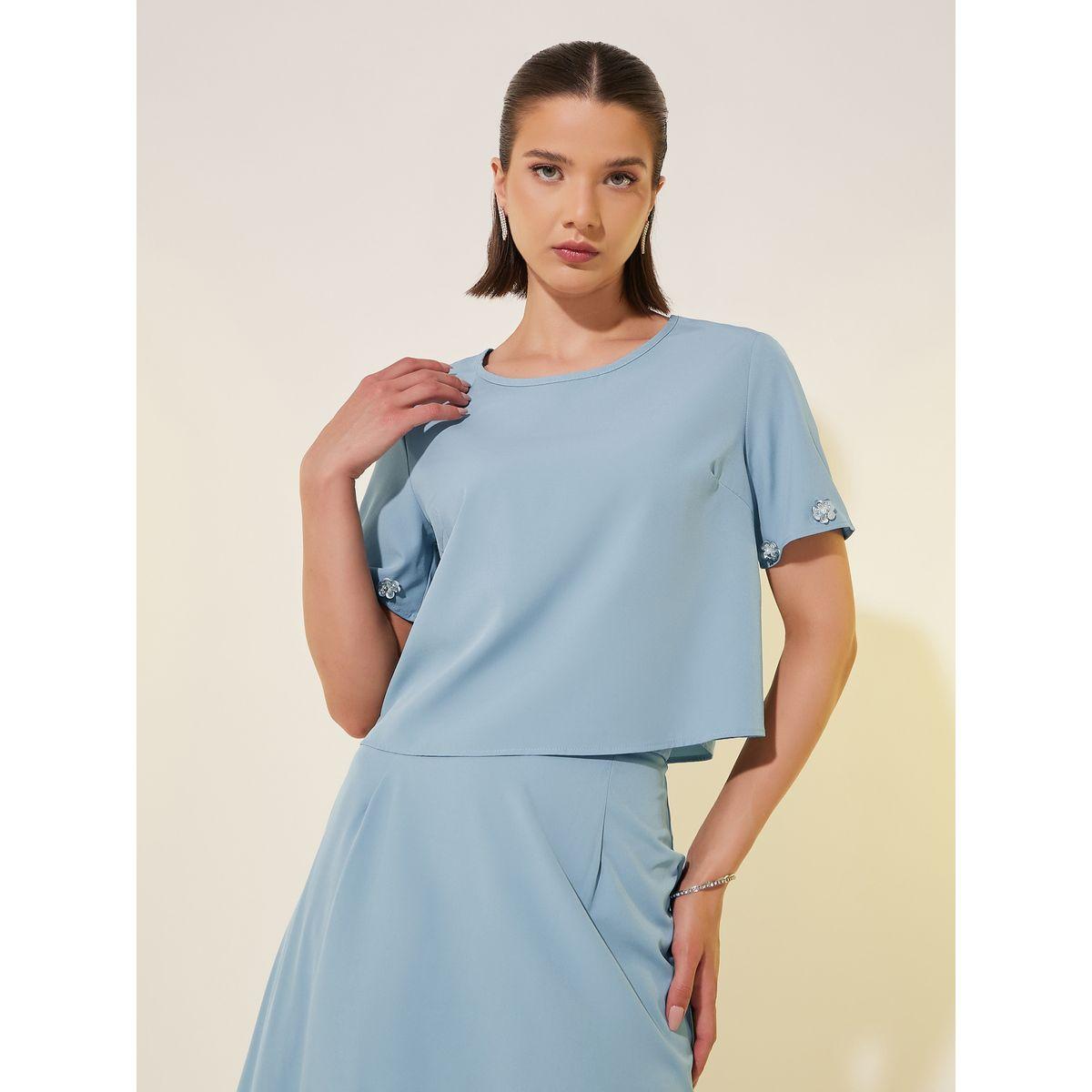 طقم منسق من تنورة وبلوزة بياقة دائرية-women-clothing-coordsets-image-3