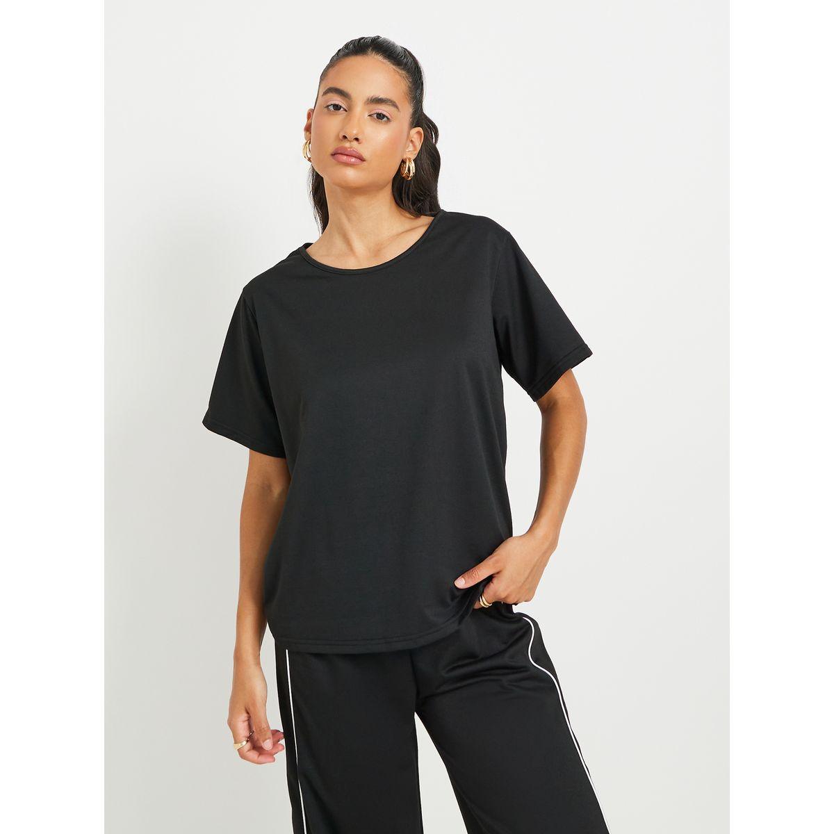 طقم منسق من بنطال وتيشيرت سادة بأكمام قصيرة-women-clothing-coordsets-image-3