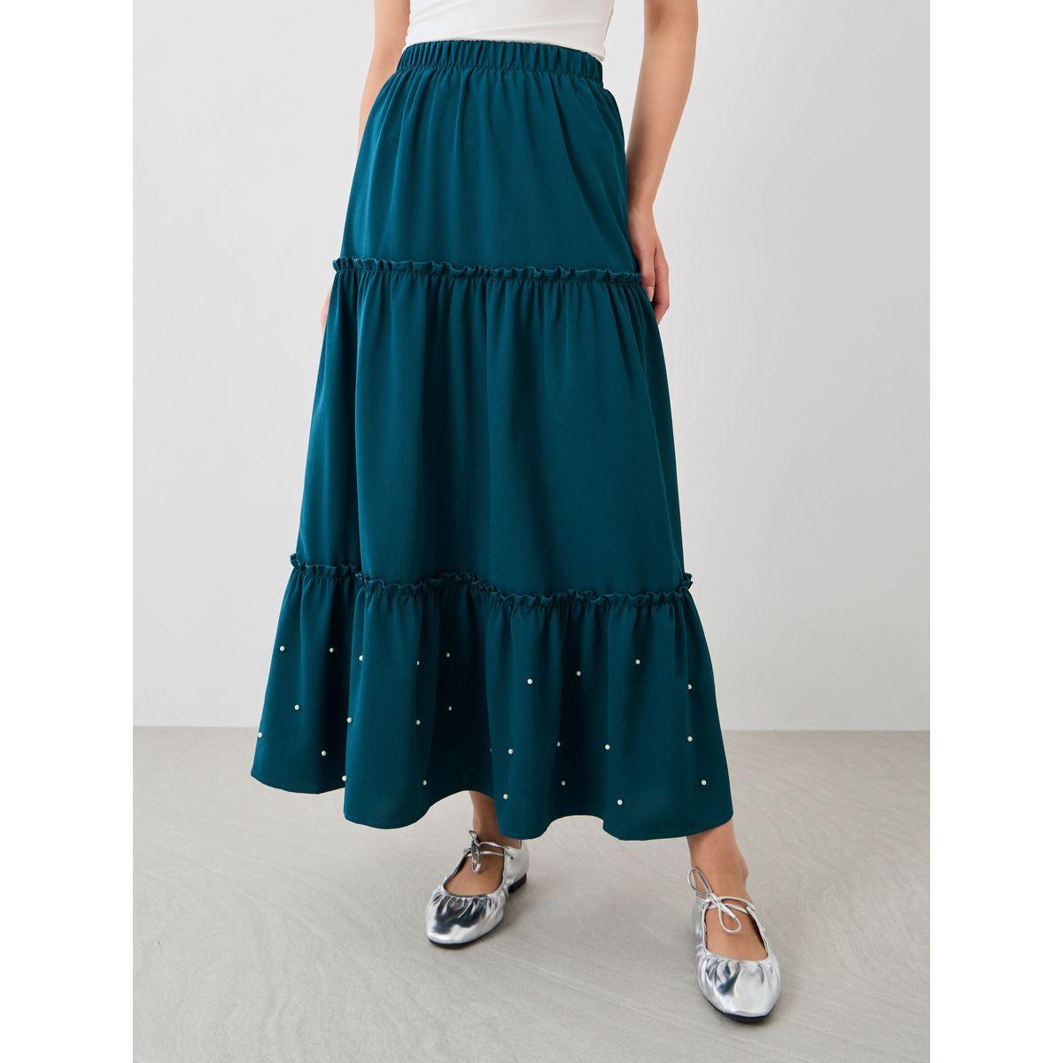 تنورة طويلة بحافة واسعة ومنمقة بلؤلؤ صناعي-women-clothing-bottoms-skirts-image-2