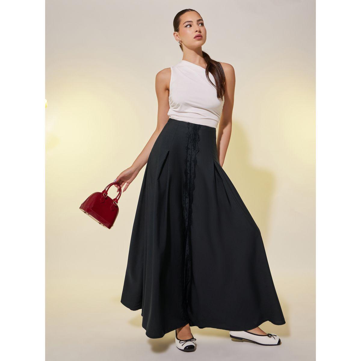تنورة طويلة بحافة واسعة وتفاصيل دانتيل-women-clothing-bottoms-skirts-image-1