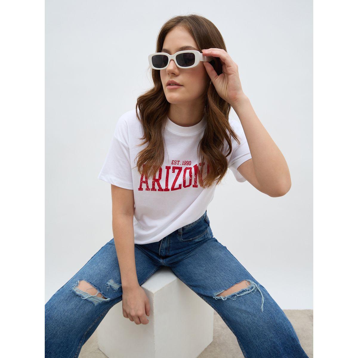 تيشيرت بقصة بوكسي مطبع بكتابة وأكمام قصيرة-women-clothing-tshirts-image-6