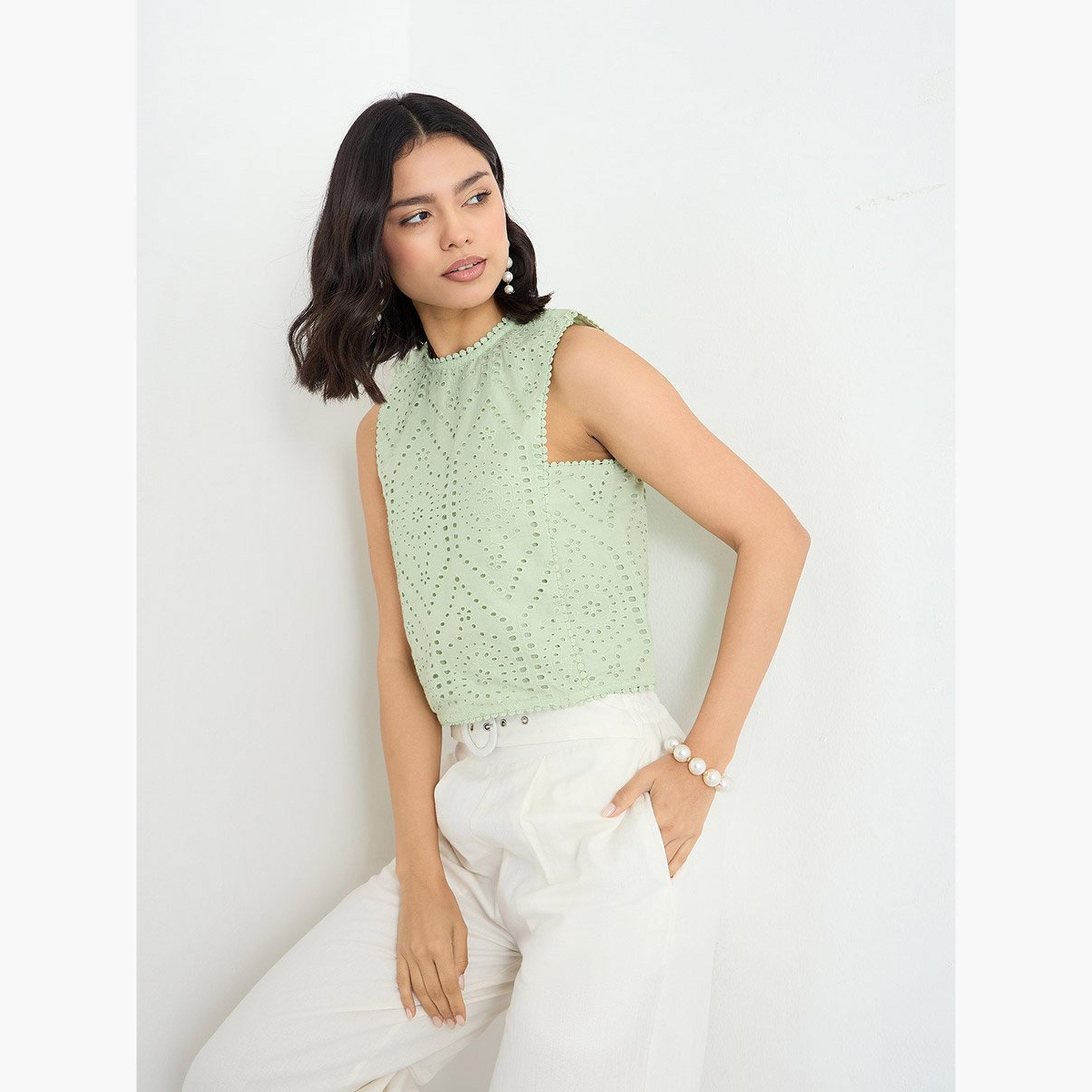 ستايلي - بلوزة شيفلي خضراء بدون أكمام-women-clothing-shirtsandblouses-blouses-image-1