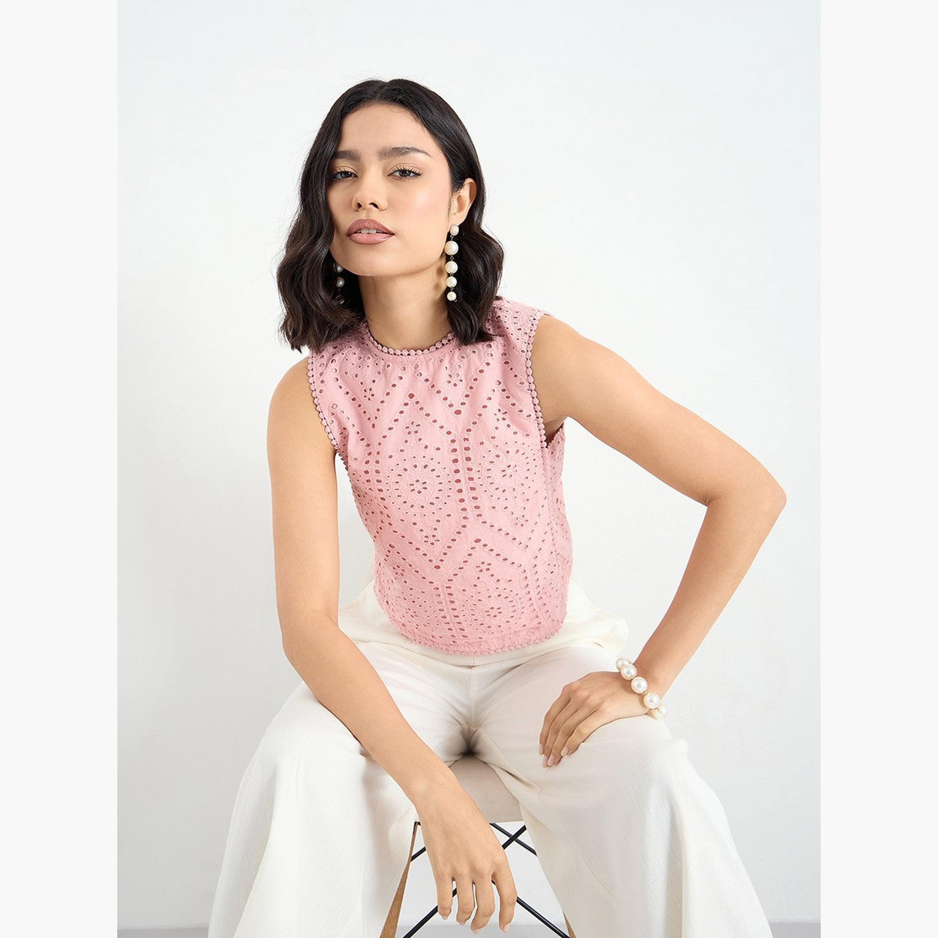 ستايلي - بلوزة شيفلي وردية بدون أكمام-women-clothing-shirtsandblouses-blouses-image-1