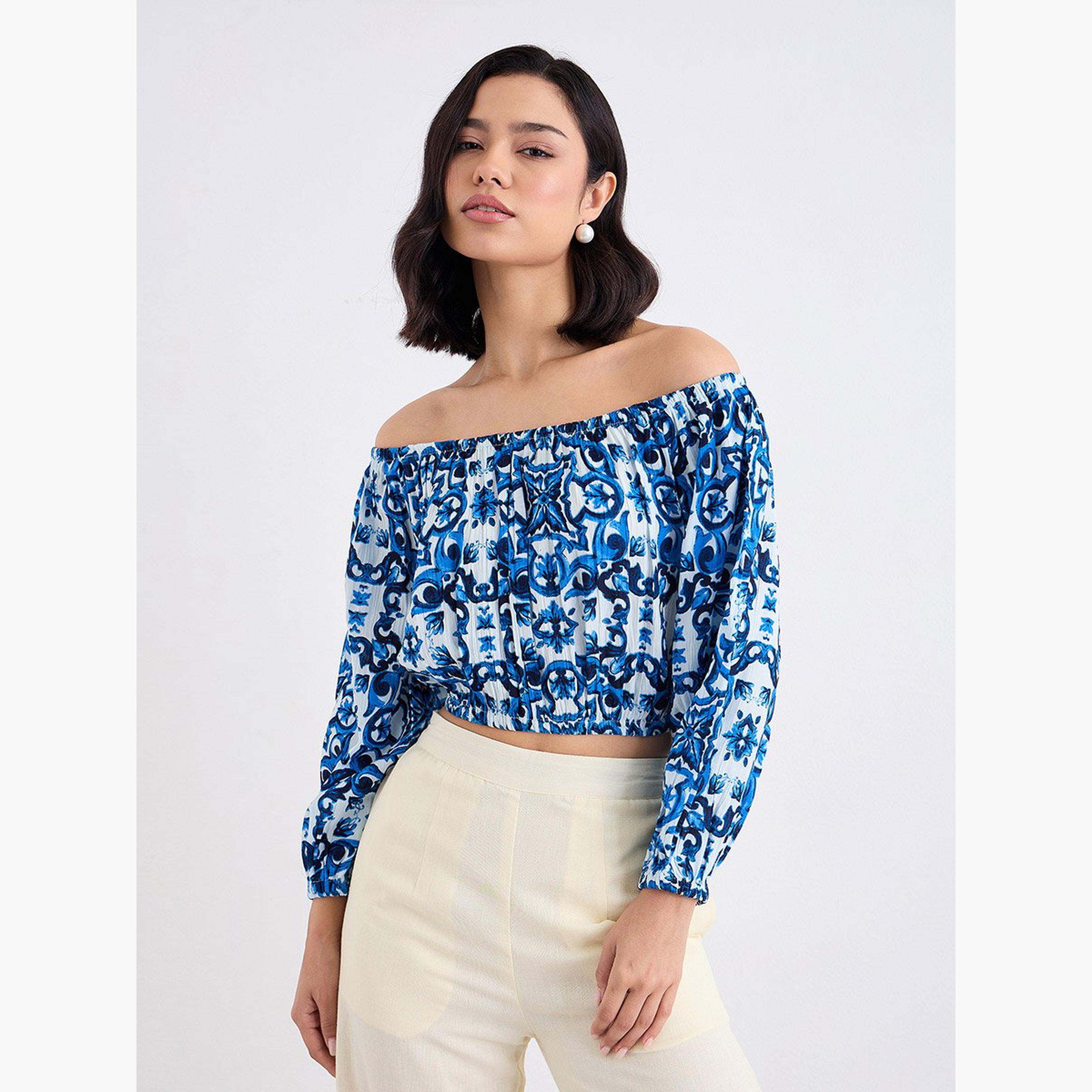 Styli Women Blue Cotton Off Shoulder Top-women-clothing-shirtsandblouses-blouses-image-1
