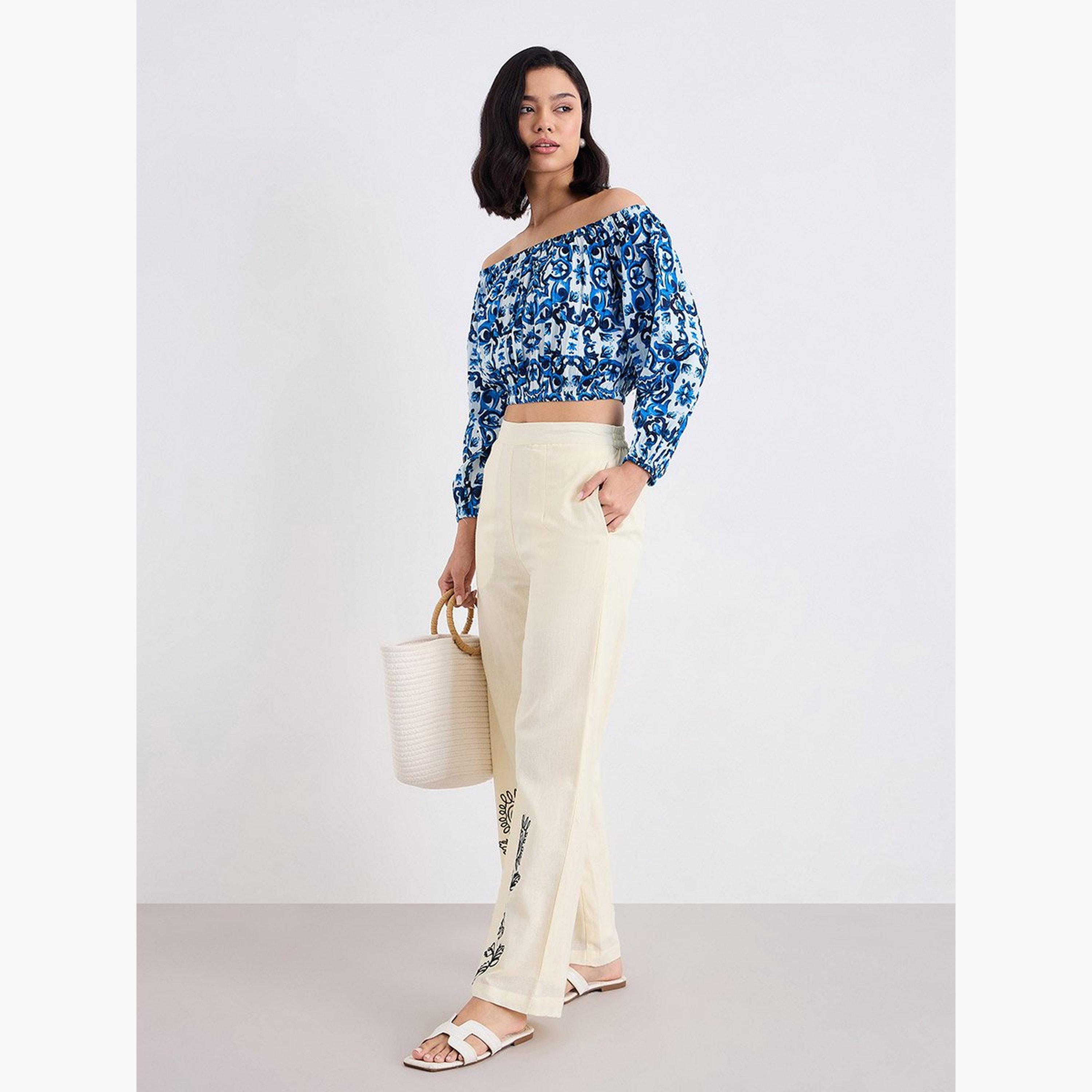 ستايلي - بلوزة للنساء من القطن لون أزرق مكشوفة الكتفين-women-clothing-shirtsandblouses-blouses-image-2