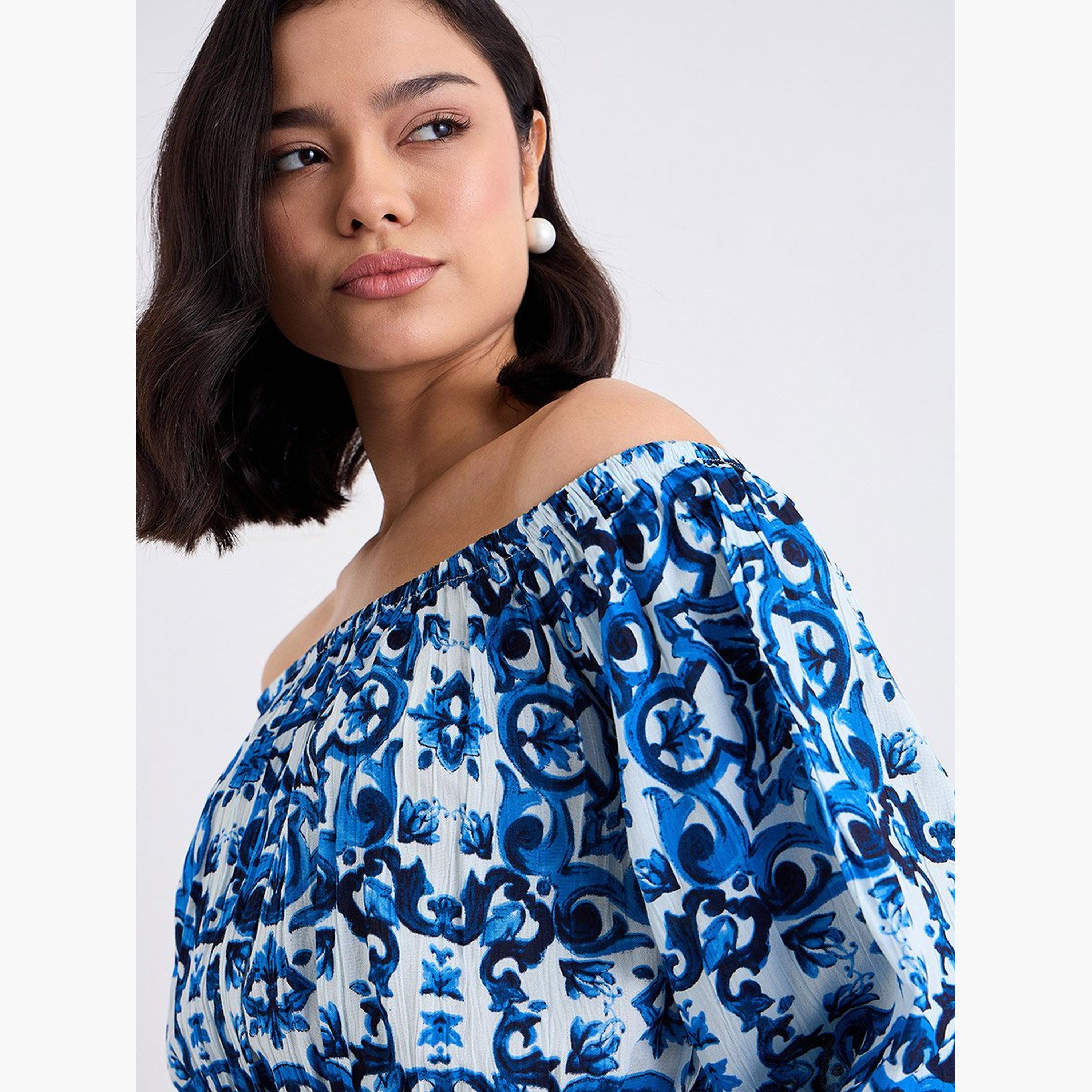 ستايلي - بلوزة للنساء من القطن لون أزرق مكشوفة الكتفين-women-clothing-shirtsandblouses-blouses-image-3
