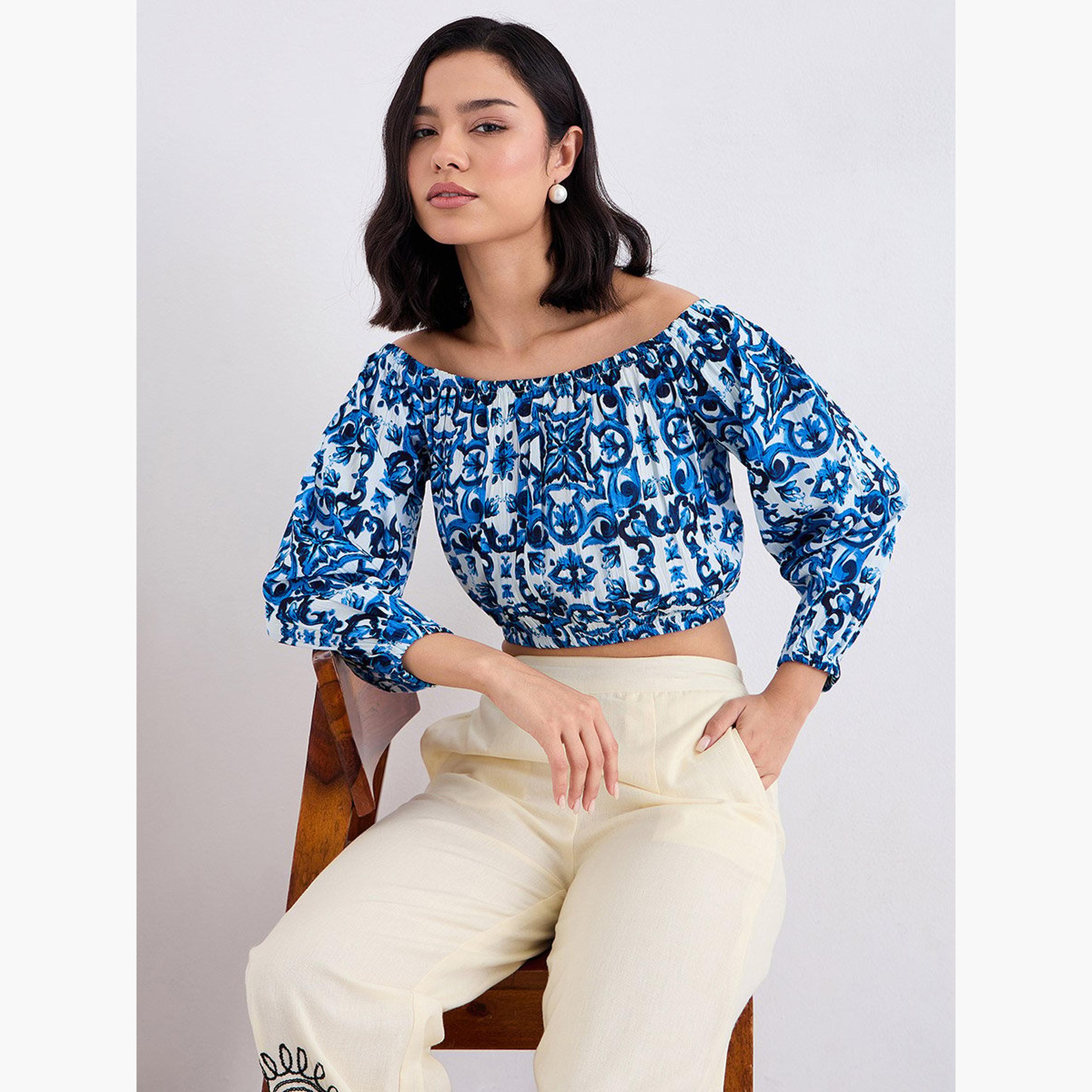 Styli Women Blue Cotton Off Shoulder Top-women-clothing-shirtsandblouses-blouses-image-5