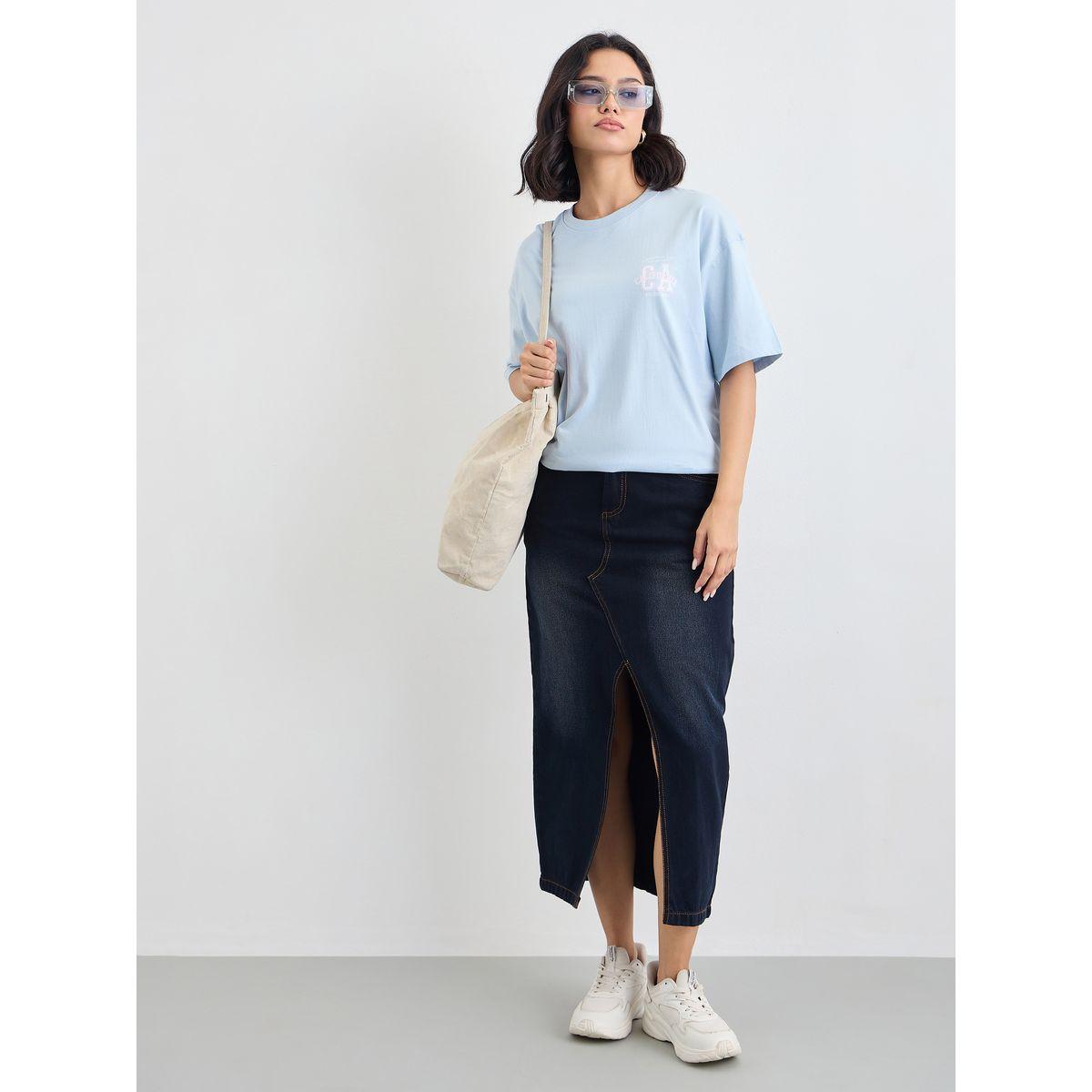 تيشيرت فضفاض بطبعة كتابة وياقة دائرية-women-clothing-tshirts-image-1