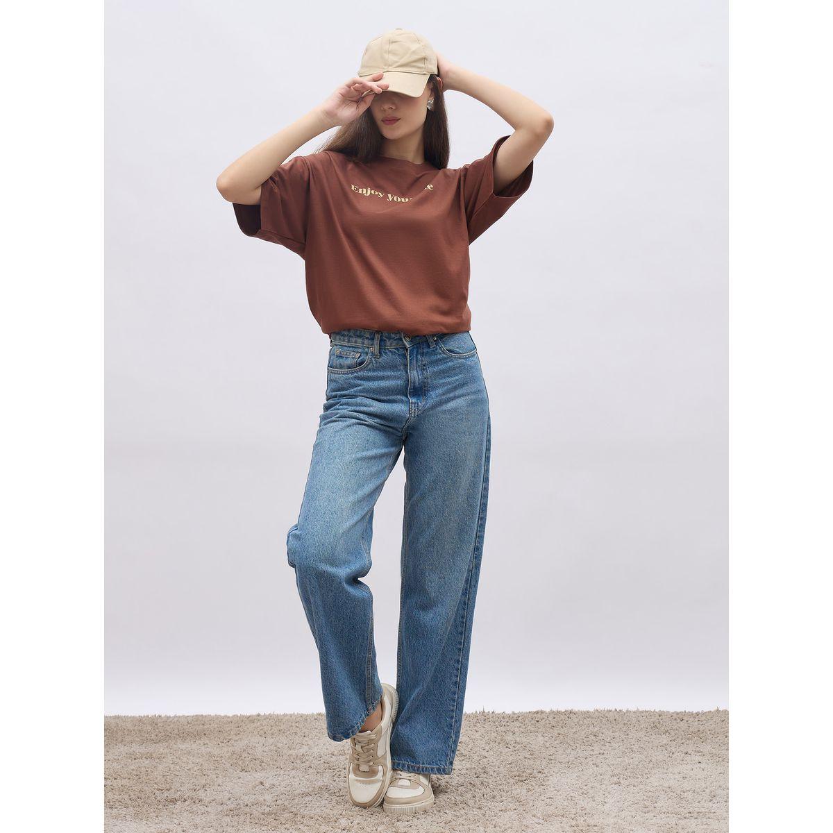 Styli Brown Slogan Print Oversized T-Shirt-women-clothing-tshirts-image-1