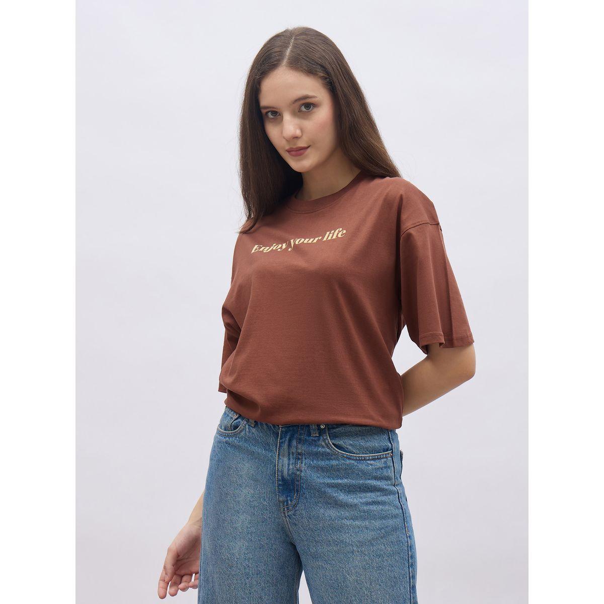 Styli Brown Slogan Print Oversized T-Shirt-women-clothing-tshirts-image-2